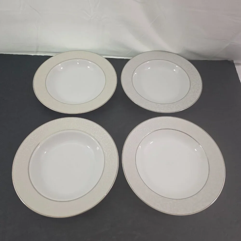 Mikasa Fine China Parchment Platinum Trim Rimmed Soup Salad Bowls – Set of 4